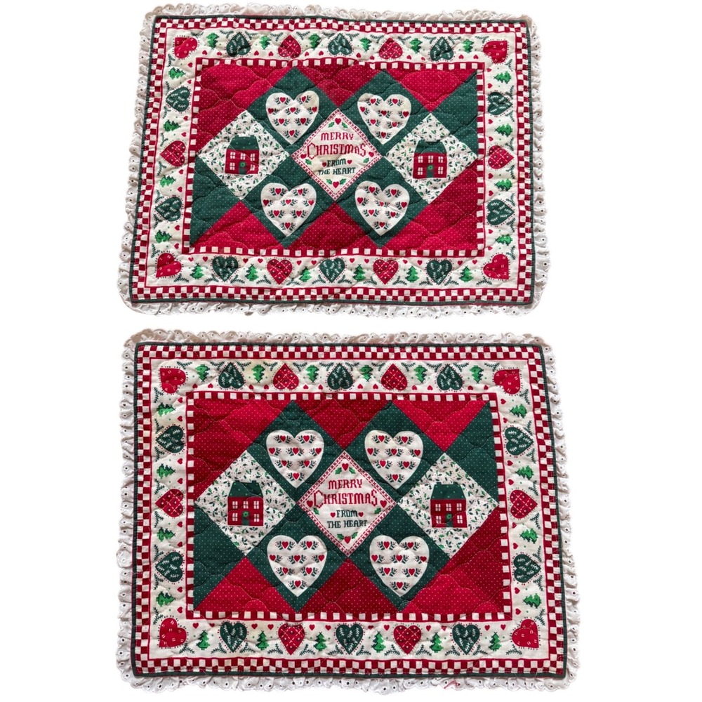 Vintage Christmas Quilted Placemats Set of 2 Merry From the Heart Lace Handmade